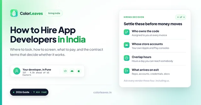 How to Hire App Developers in India, with the four things to settle before money moves: who owns the code, whose store accounts, overlap hours, and what arrives on exit