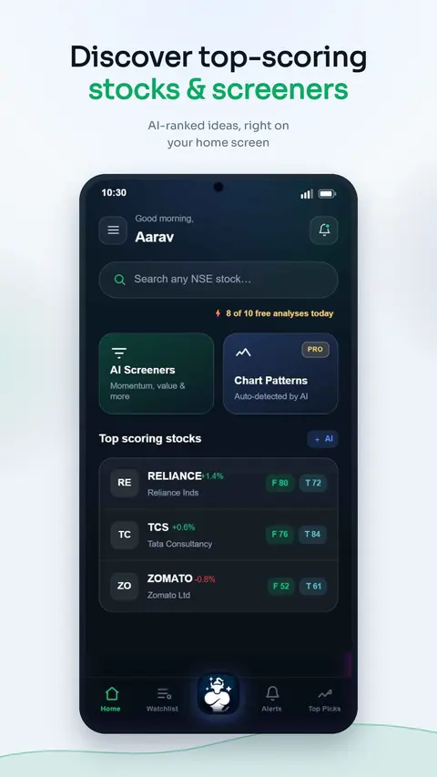 StockGenie app home screen showing NSE stock search, AI screeners and top scoring stocks